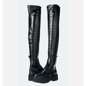 Franco Sarto Janna Over-The-Knee Boots Croc Embossed Faux Leather Black Size 8M
